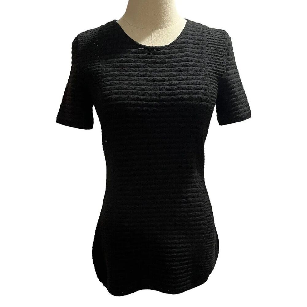 Chloe Black Cotton Pointelle Knit Short Sleeve Wool Blend Sweater‎ Top Sz Lg
